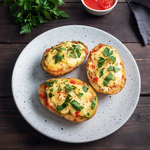 Three cheesy baked potatoes with red sauce and fresh parsley on a white speckled plate.