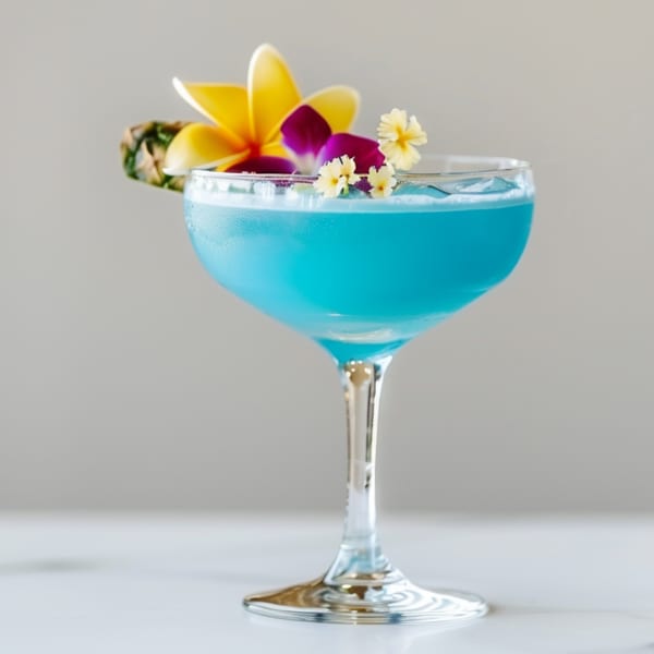 Blue cocktail in a coupe glass, garnished with pineapple, yellow and purple flowers.
