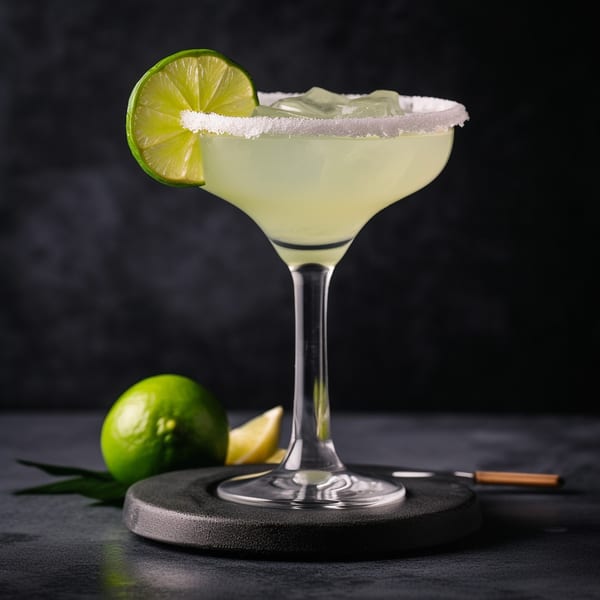 A margarita with a salted rim and lime slice, on a dark surface with whole and cut limes.