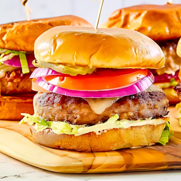 A juicy Meadowlands Diner burger with melted cheese, tomato, red onion, and lettuce on a bun.